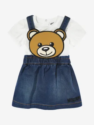 Baby Girls Bear Denim Dress Set in Ivory