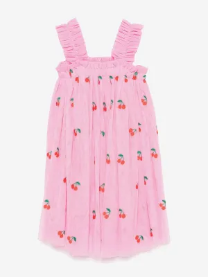 Girls Embroidered Cherries Dress in Pink