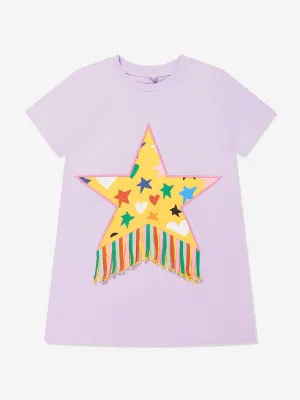 Girls Fringed Star Jersey Dress in Purple