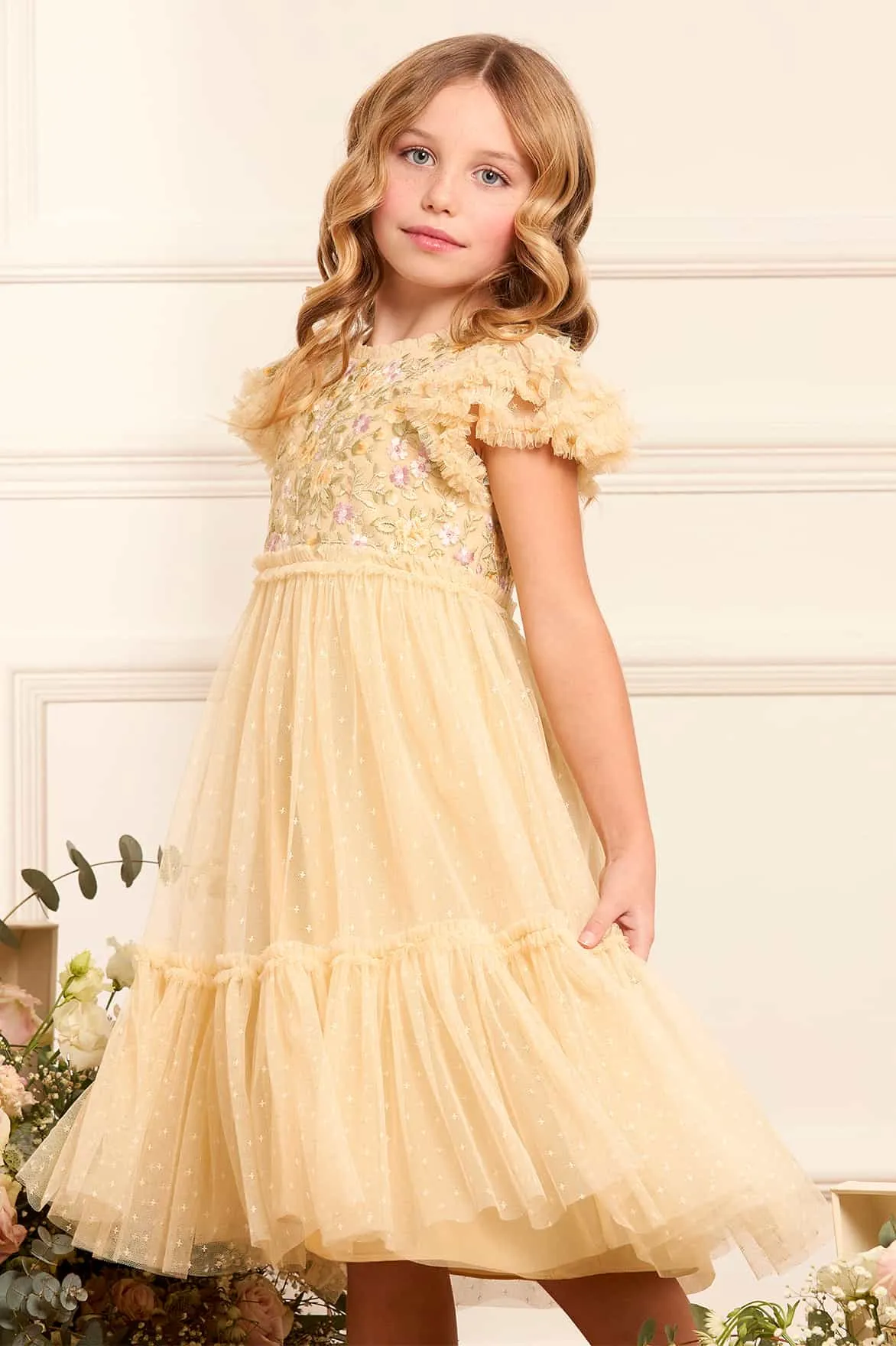 Girls Tulle Florine Bodice Dress in Yellow